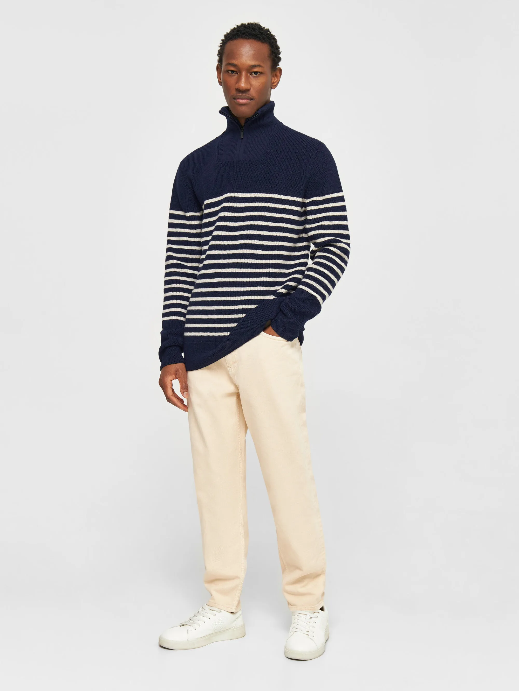 1/2 neck zip merino wool rib knit - Blue stripe