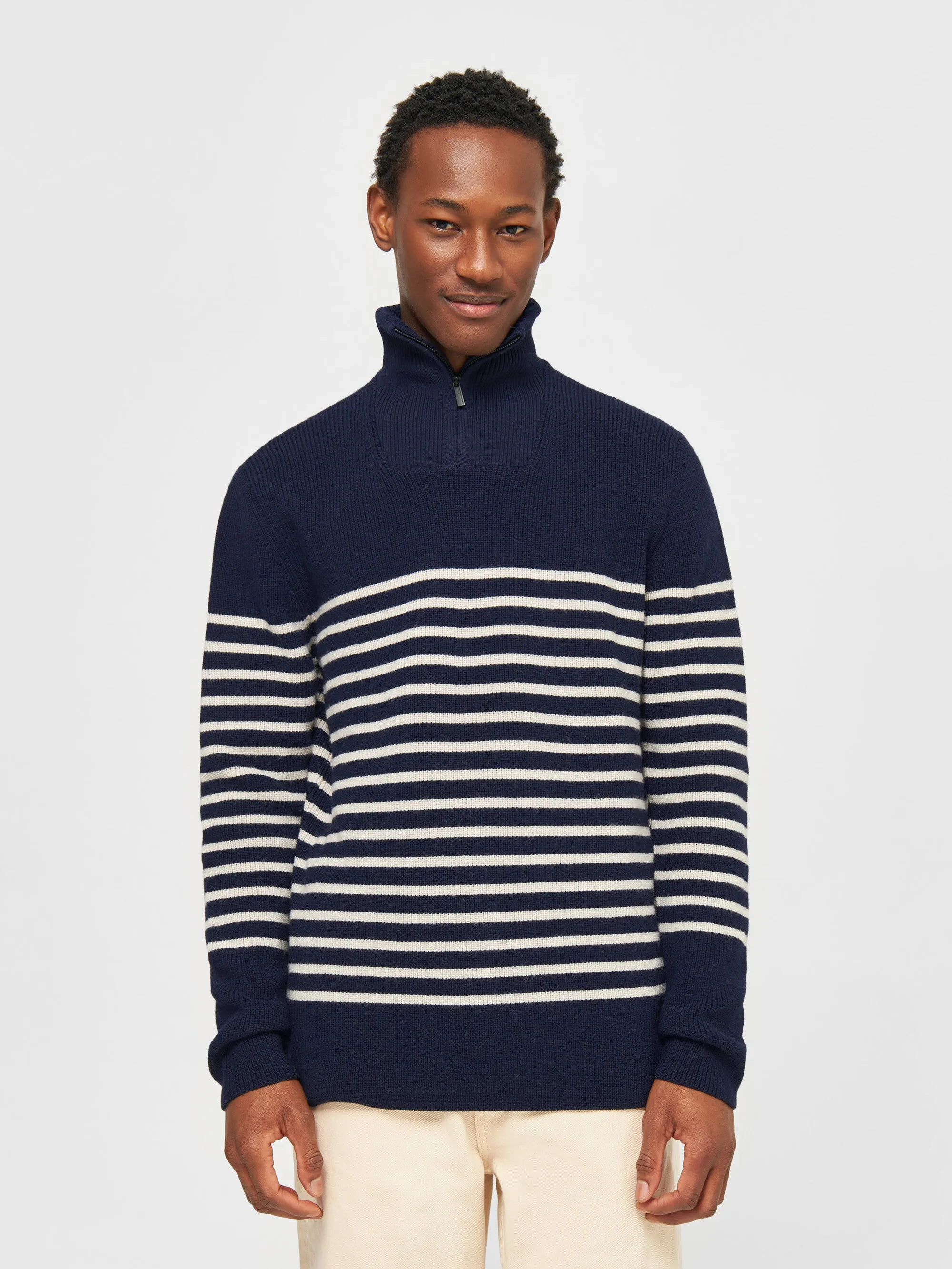 1/2 neck zip merino wool rib knit - Blue stripe