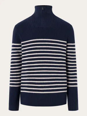 1/2 neck zip merino wool rib knit - Blue stripe