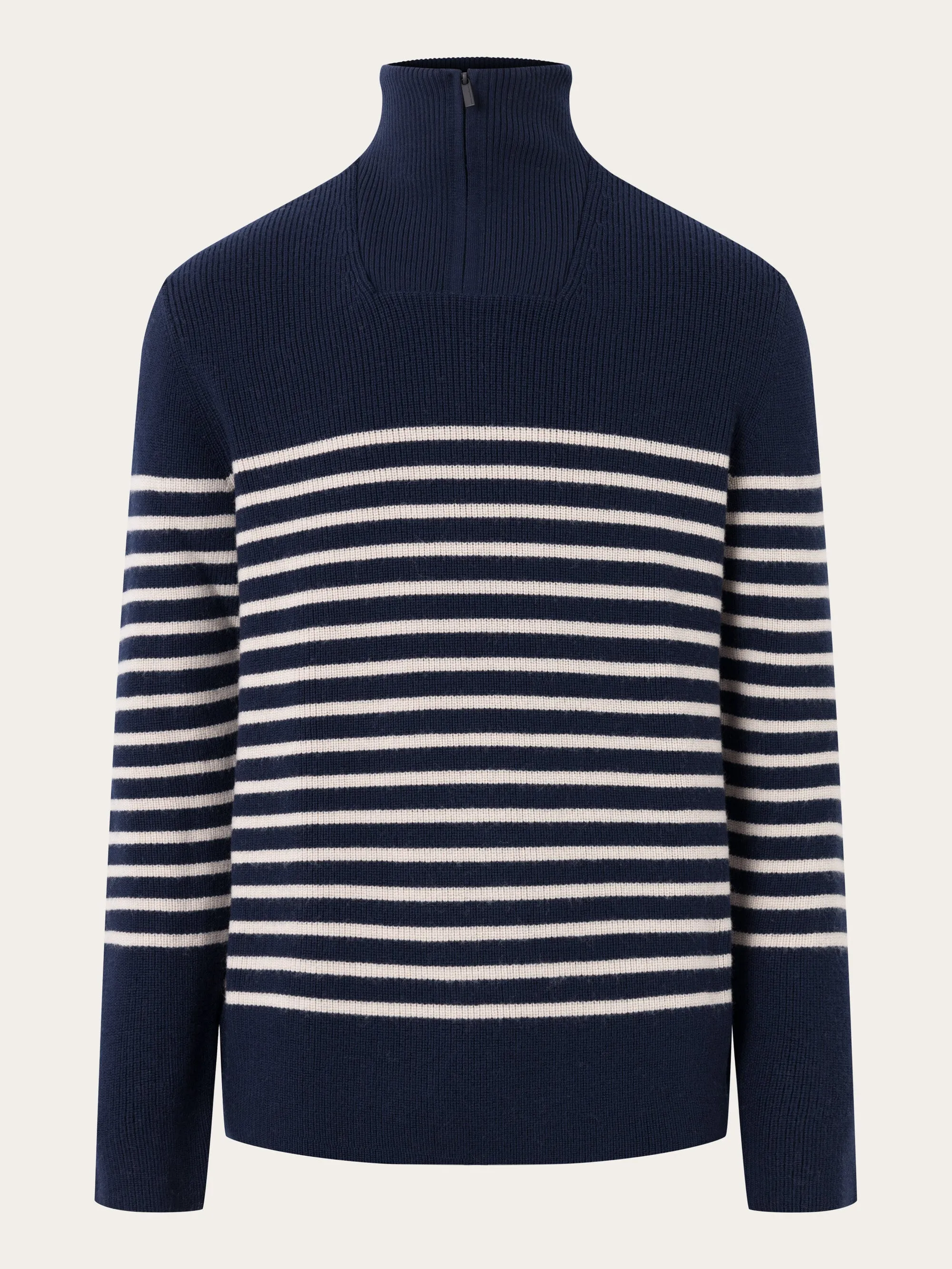 1/2 neck zip merino wool rib knit - Blue stripe