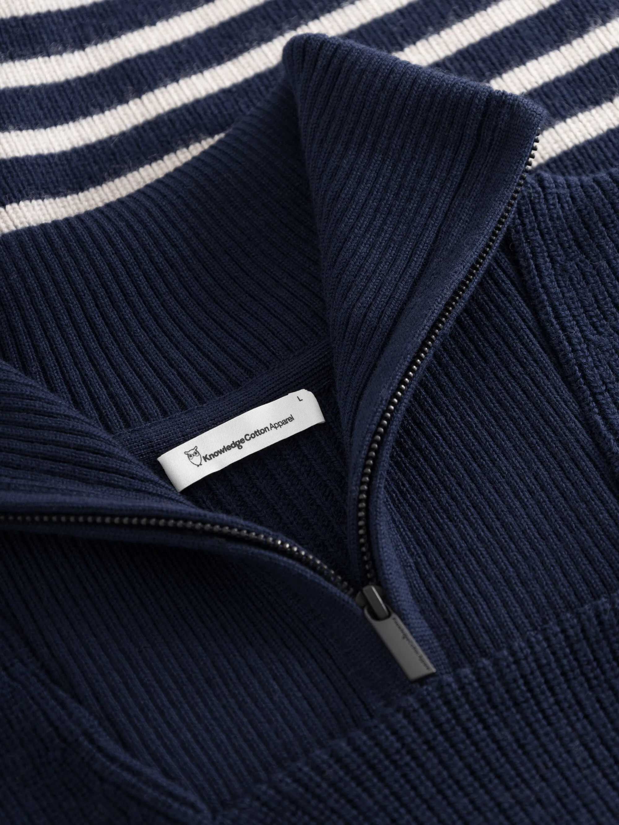 1/2 neck zip merino wool rib knit - Blue stripe