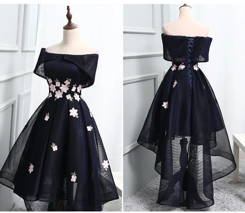 2024 Chic Off-the-Shoulder Appliques Asymmetrical Short High Low Homecoming Dress