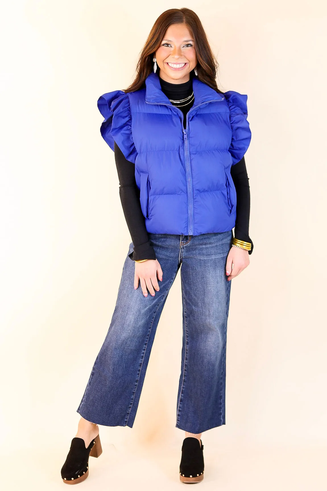 All Season Long Ruffle Sleeve Puffer Vest in Royal Blue