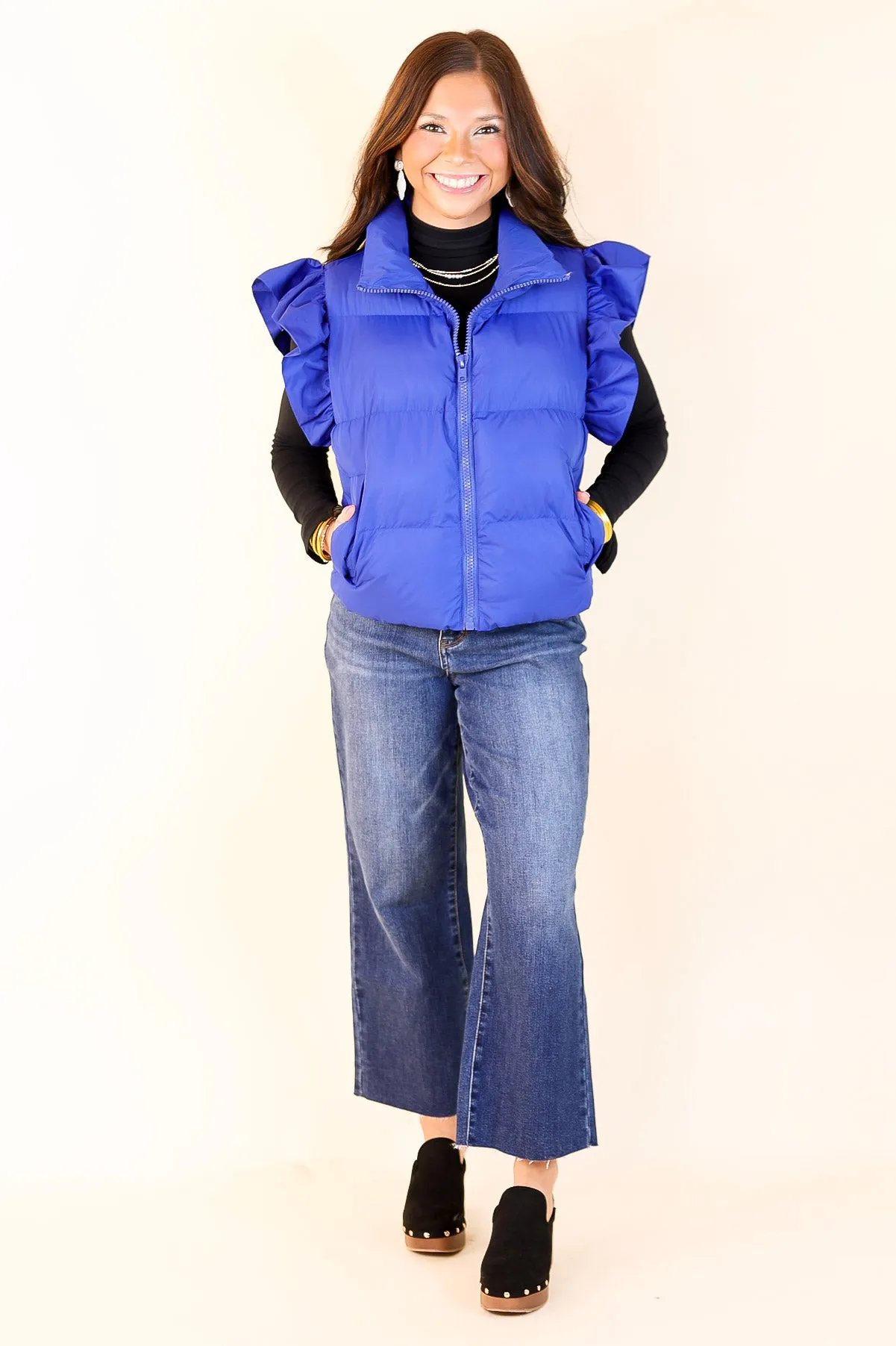 All Season Long Ruffle Sleeve Puffer Vest in Royal Blue