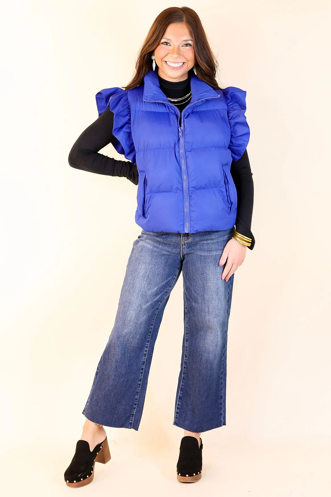 All Season Long Ruffle Sleeve Puffer Vest in Royal Blue