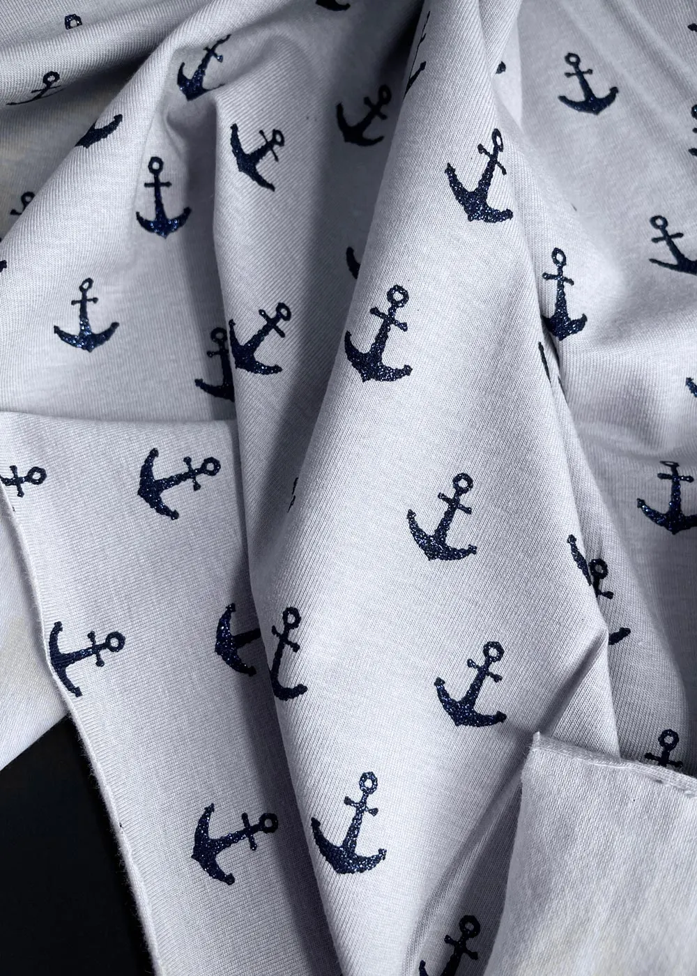 Anchors Away! Grey. Cotton Jersey Fabric