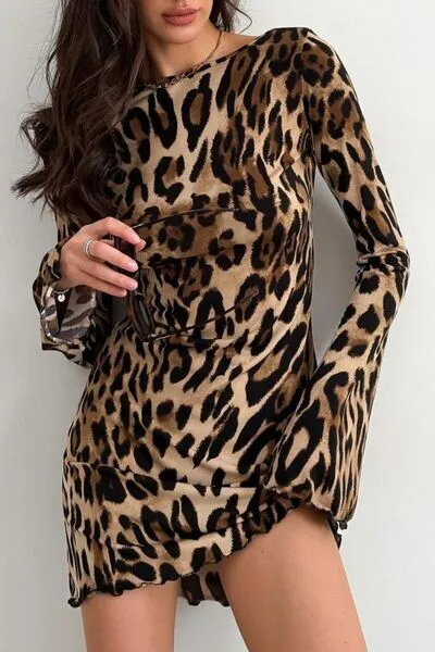 Backless Leopard Long Sleeve Mini Dress