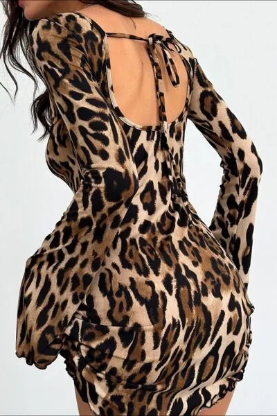 Backless Leopard Long Sleeve Mini Dress