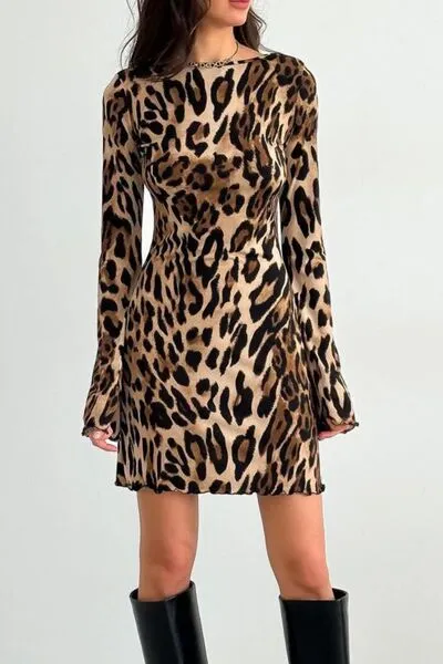 Backless Leopard Long Sleeve Mini Dress