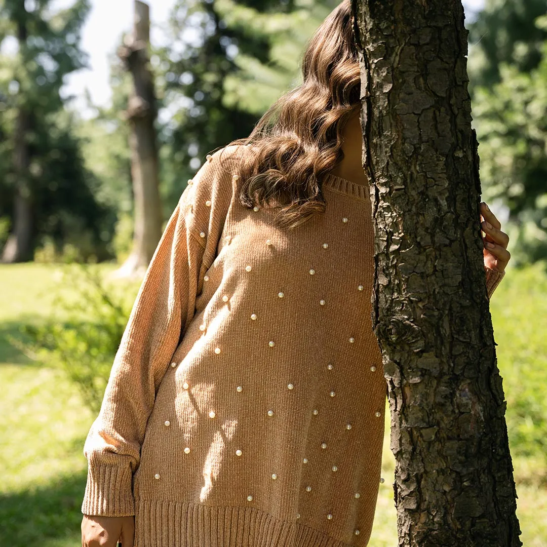 Beige Velvet Sweater with Beads on Front PW4829