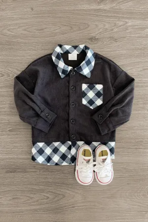 Black Plaid Button Down Corduroy Shirt