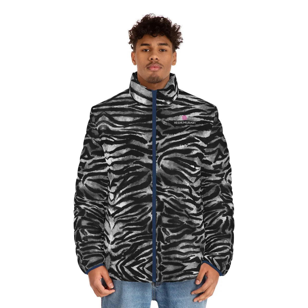 Black Tiger Striped Men's Jacket, Best Animal Print Winter Regular Fit Polyester Men's Puffer Jacket With Stand Up Collar (US Size: S-2XL)