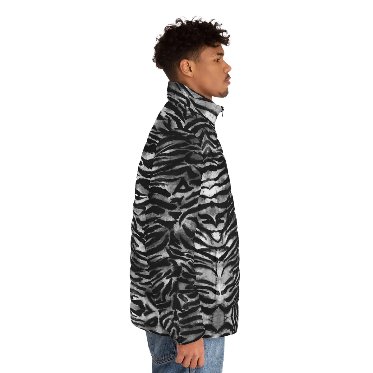 Black Tiger Striped Men's Jacket, Best Animal Print Winter Regular Fit Polyester Men's Puffer Jacket With Stand Up Collar (US Size: S-2XL)