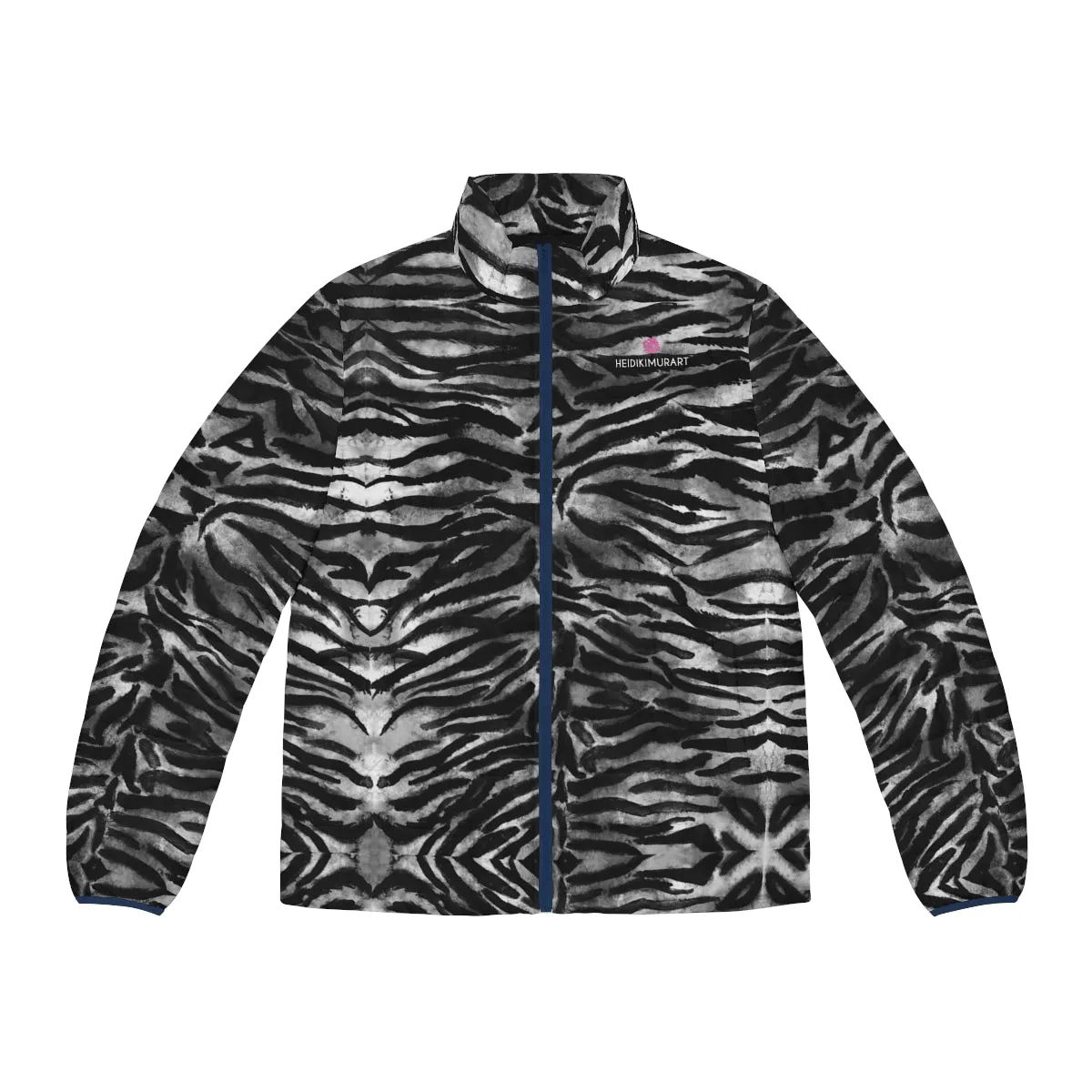 Black Tiger Striped Men's Jacket, Best Animal Print Winter Regular Fit Polyester Men's Puffer Jacket With Stand Up Collar (US Size: S-2XL)