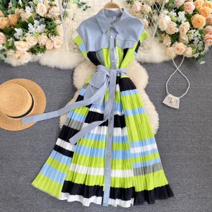 Chic Color Patching Pleated Shirt Dress