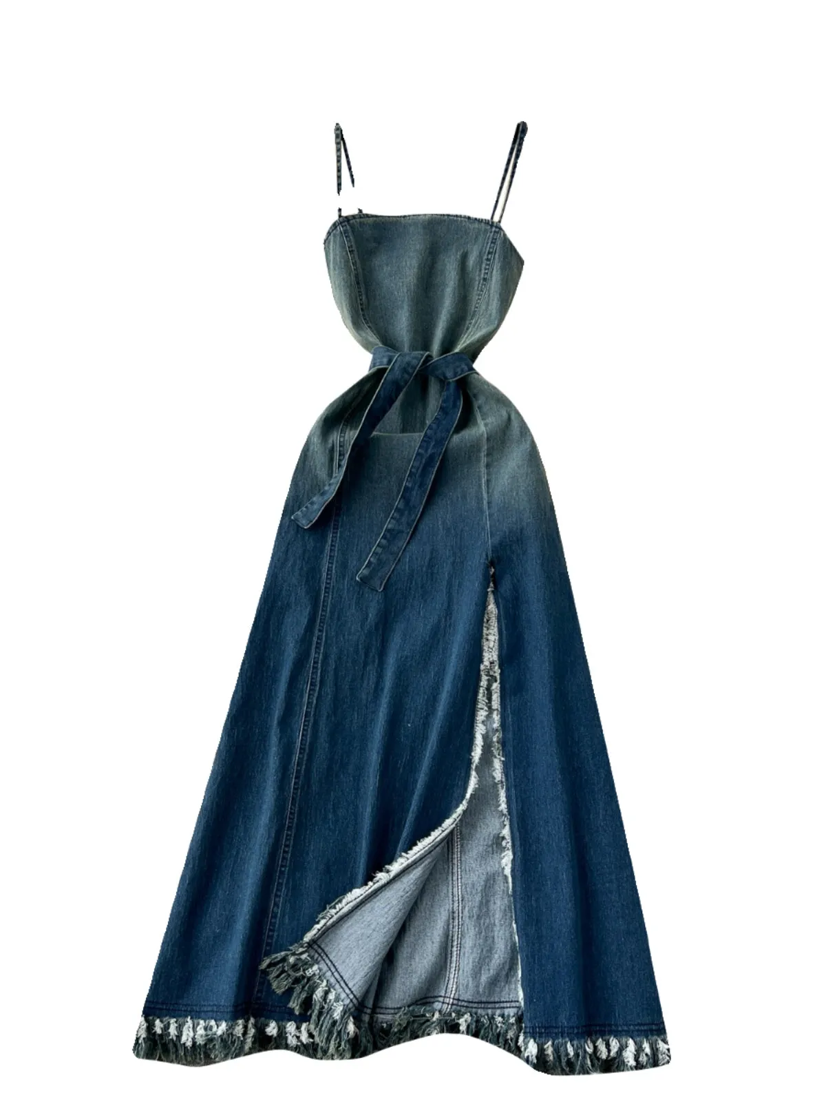 Chic Denim Fringed Slip Dress