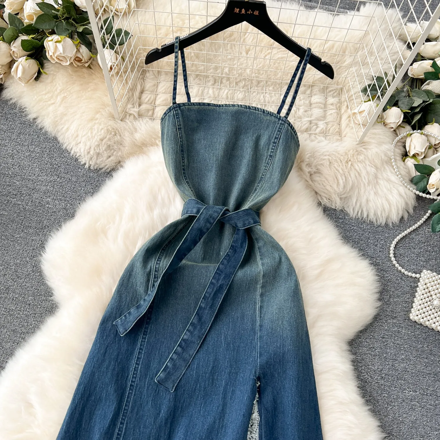 Chic Denim Fringed Slip Dress