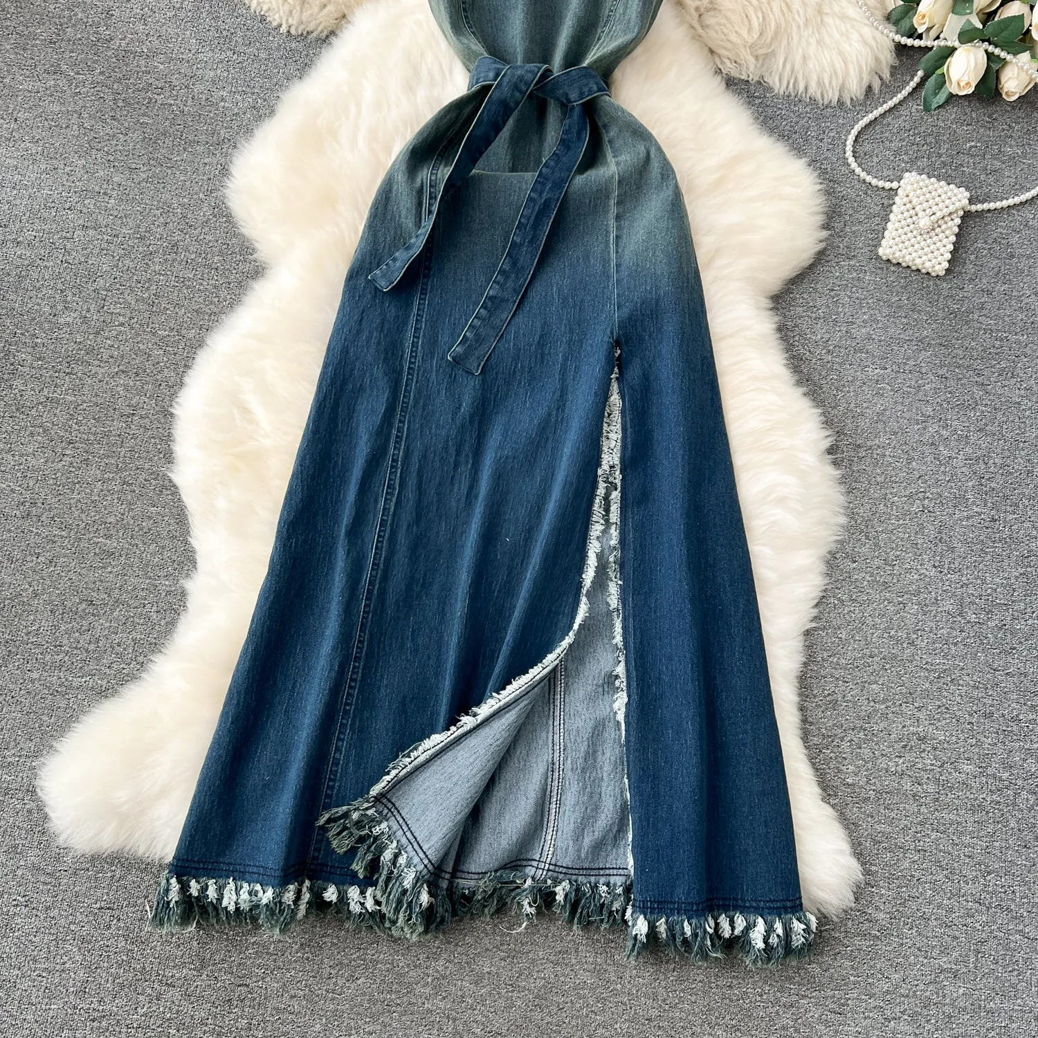 Chic Denim Fringed Slip Dress