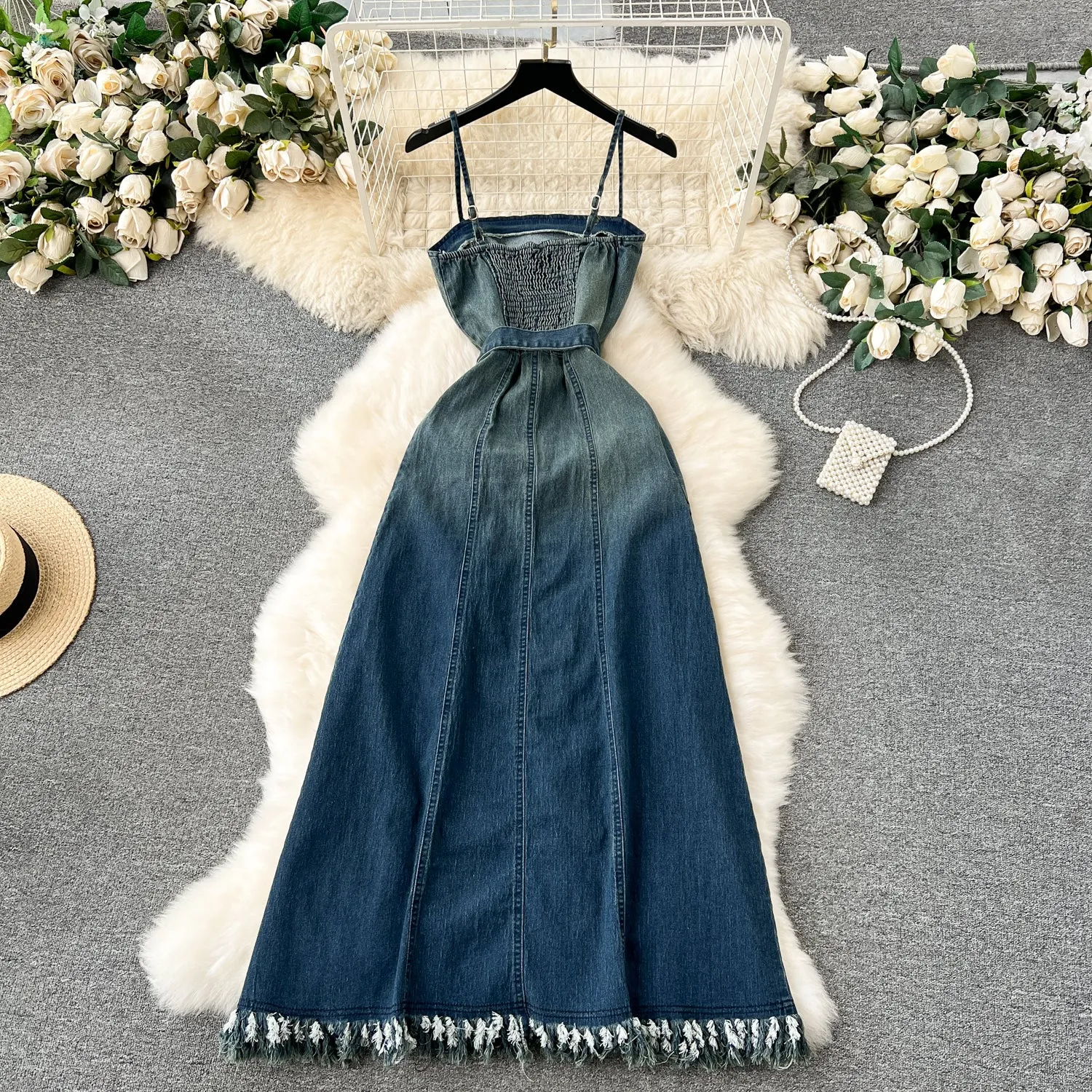 Chic Denim Fringed Slip Dress