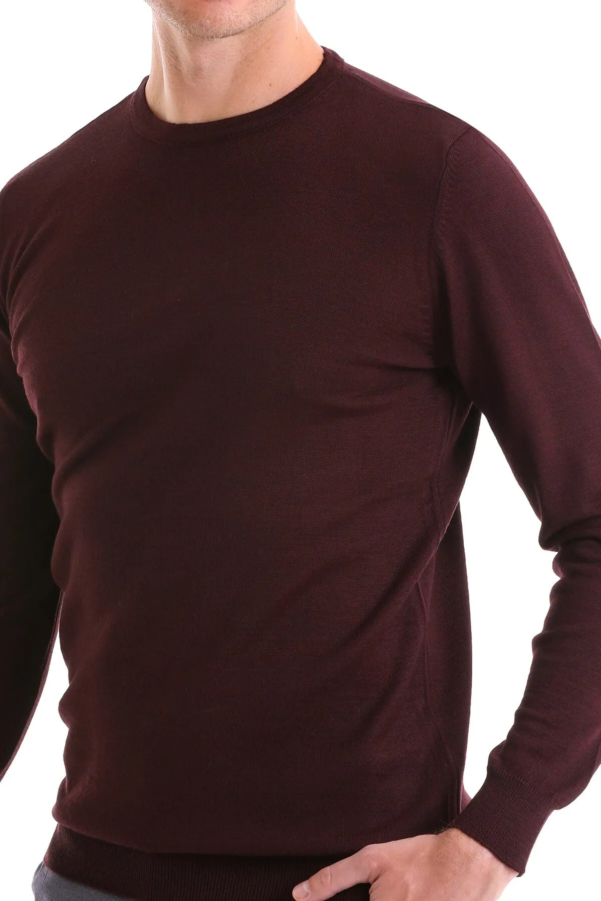 Comfort Fit Burgundy Wool Blend Crew Neck Sweater