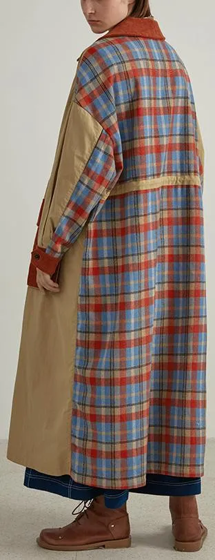 Corduroy-Patch Plaid-Back Trench Coat