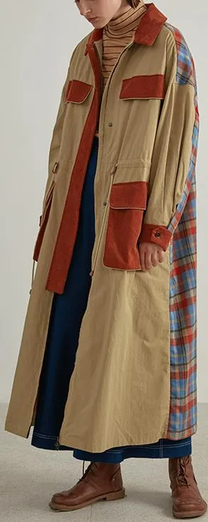 Corduroy-Patch Plaid-Back Trench Coat