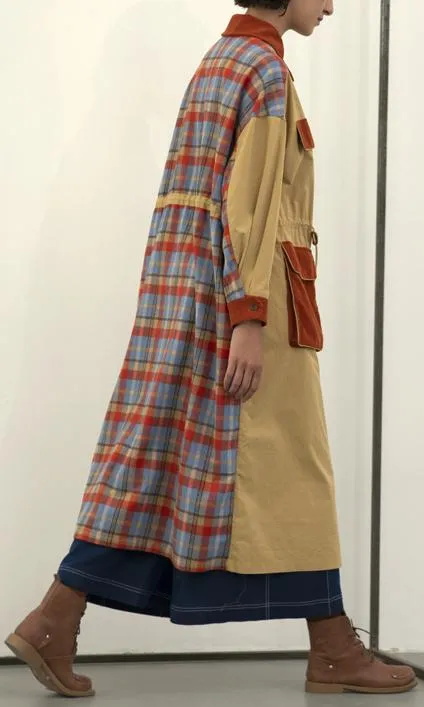 Corduroy-Patch Plaid-Back Trench Coat