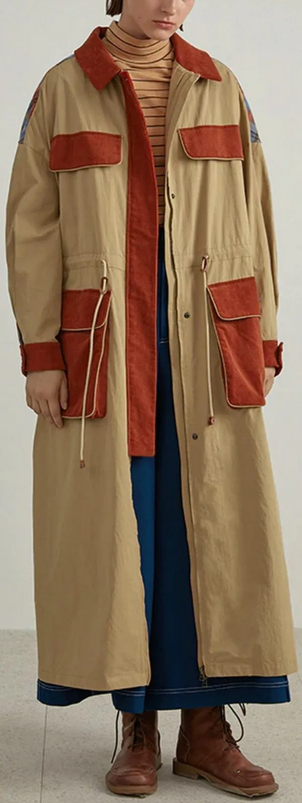 Corduroy-Patch Plaid-Back Trench Coat