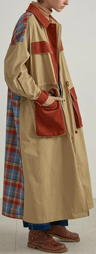 Corduroy-Patch Plaid-Back Trench Coat