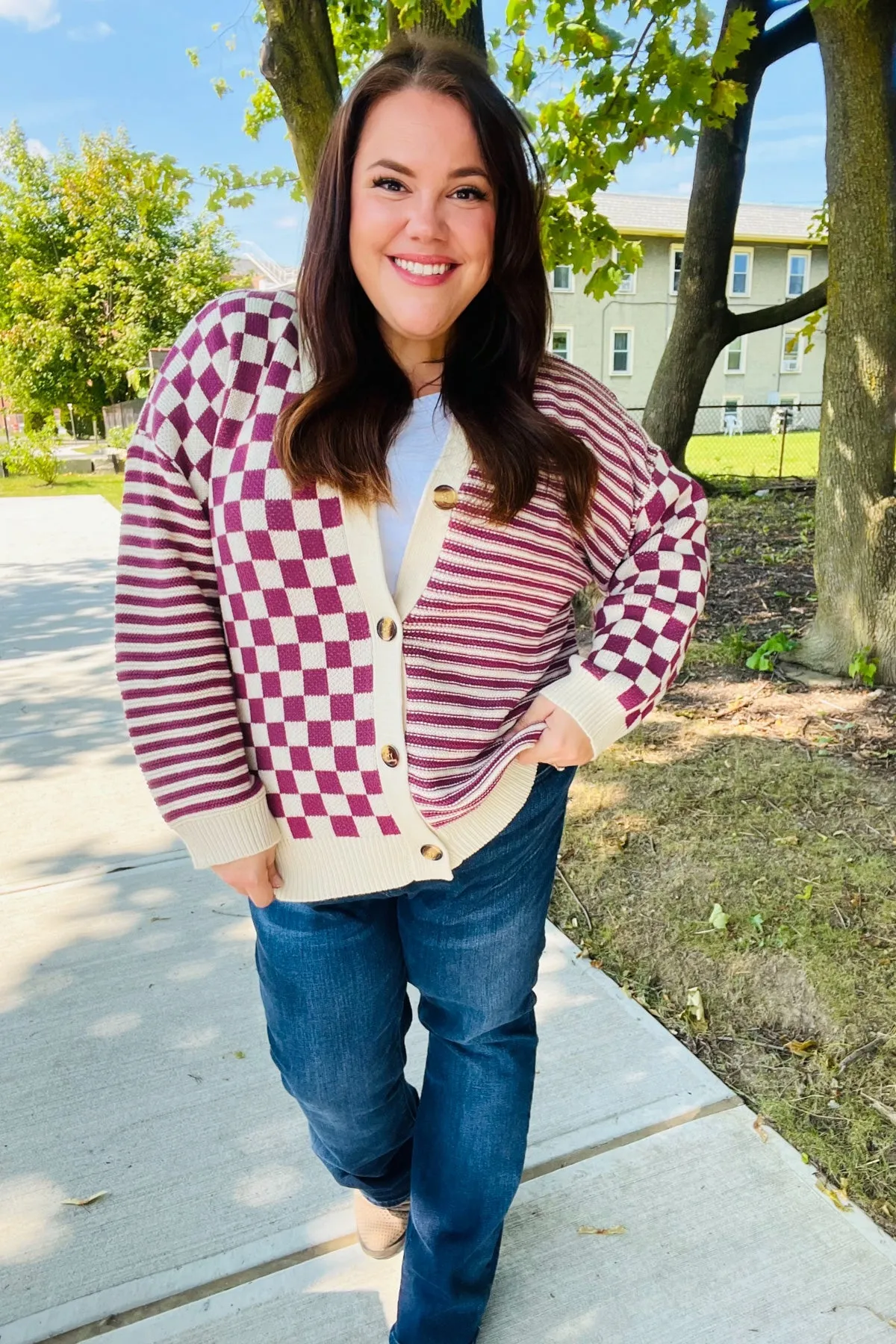 Cozy Days Magenta Checkered & Striped Button-Down Cardigan