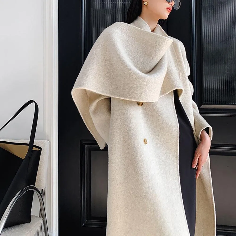 Double-sided Woolen Belt New Shawl Scarf Collar Double-breasted Solid Color Women's Coats Autumn And Winter