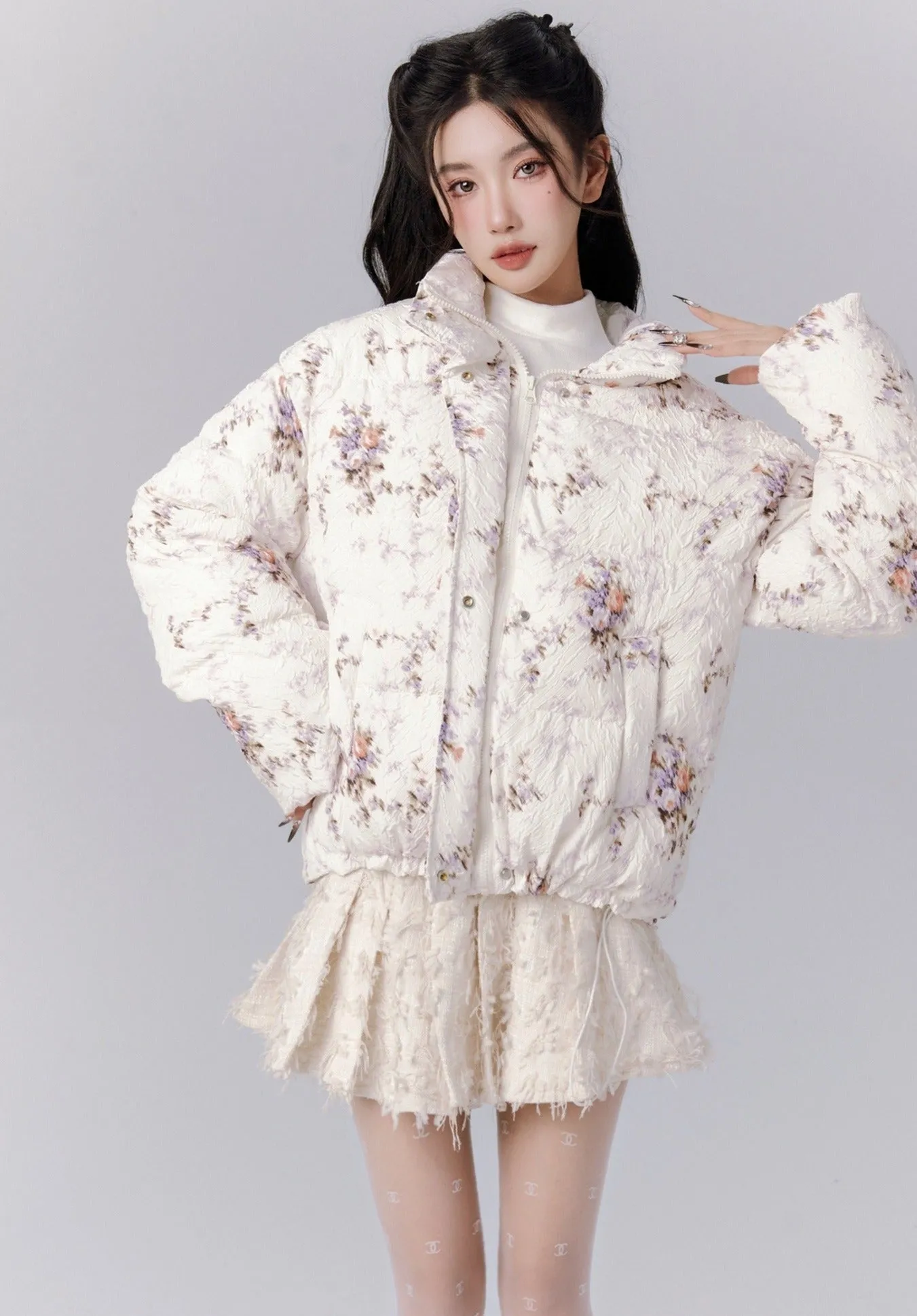 Ethereal Bloom Winter Set: Floral Puffer Jacket and Pleated Lace Skirt