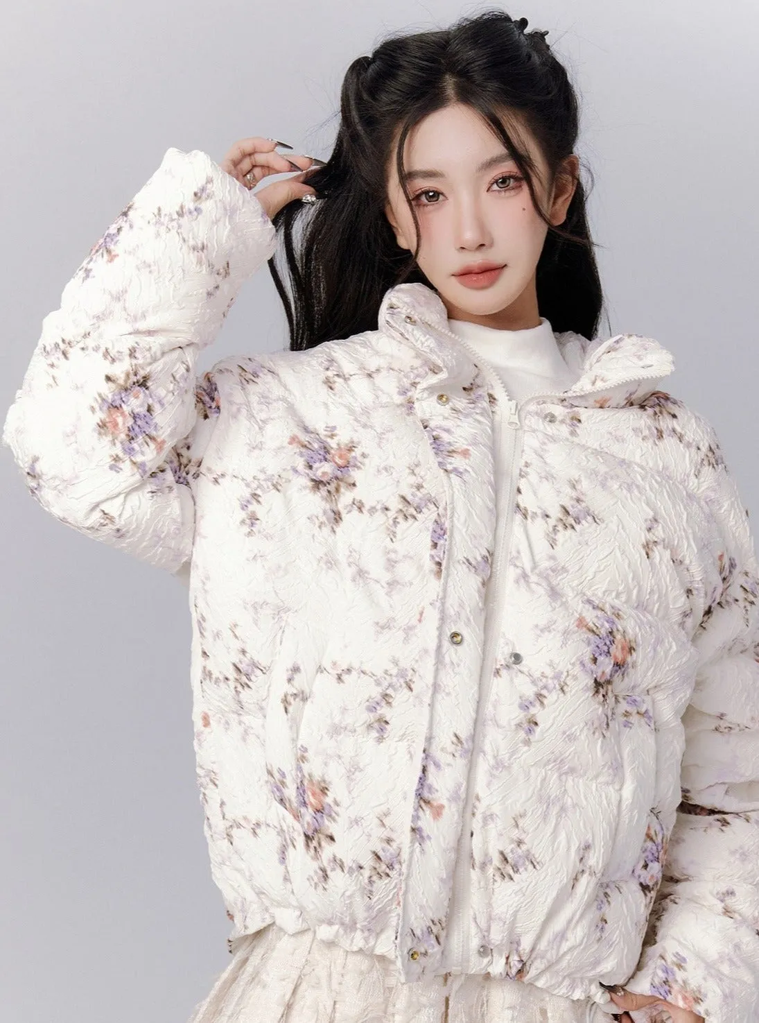 Ethereal Bloom Winter Set: Floral Puffer Jacket and Pleated Lace Skirt