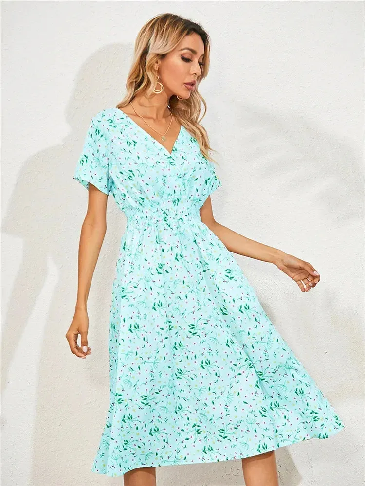 Floral Summer Long Sleeve Chic Holiday Midi Dress