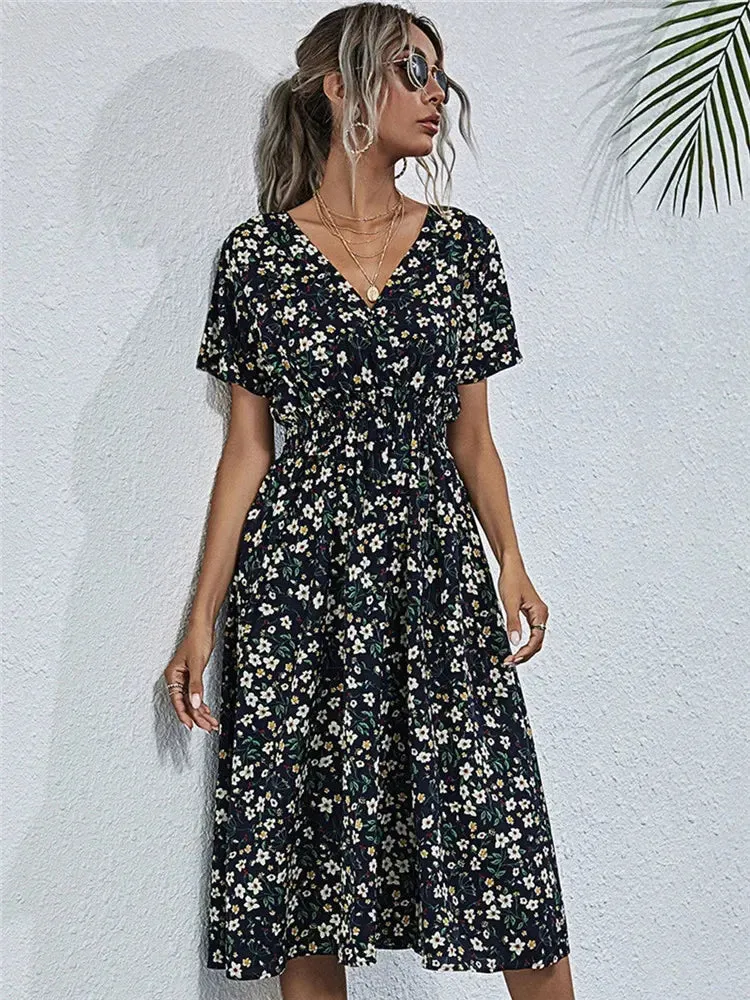 Floral Summer Long Sleeve Chic Holiday Midi Dress