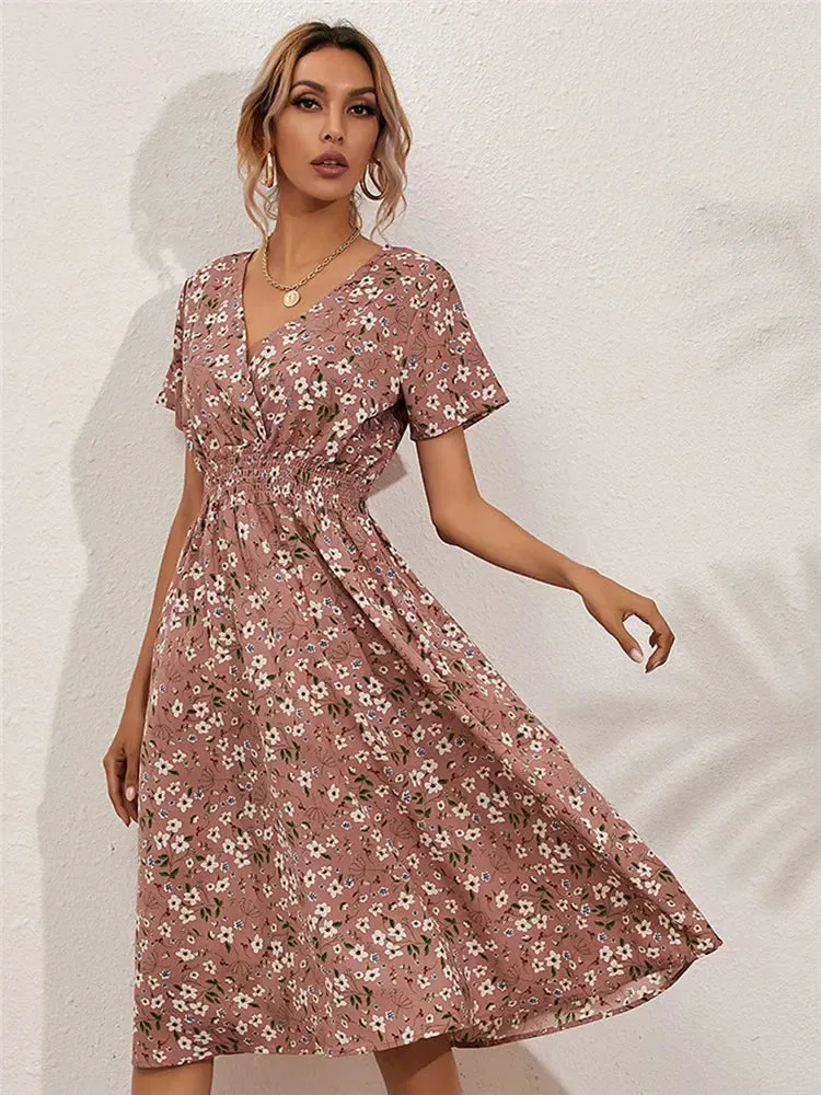 Floral Summer Long Sleeve Chic Holiday Midi Dress