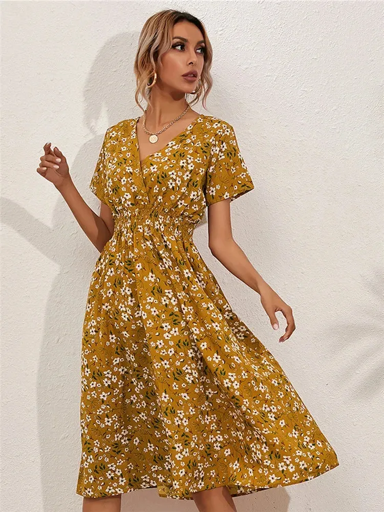 Floral Summer Long Sleeve Chic Holiday Midi Dress