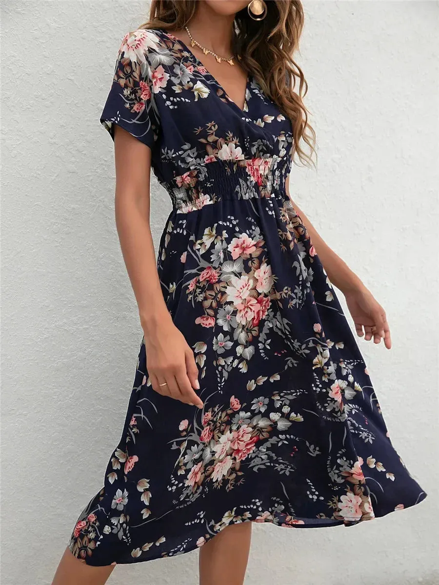 Floral Summer Long Sleeve Chic Holiday Midi Dress