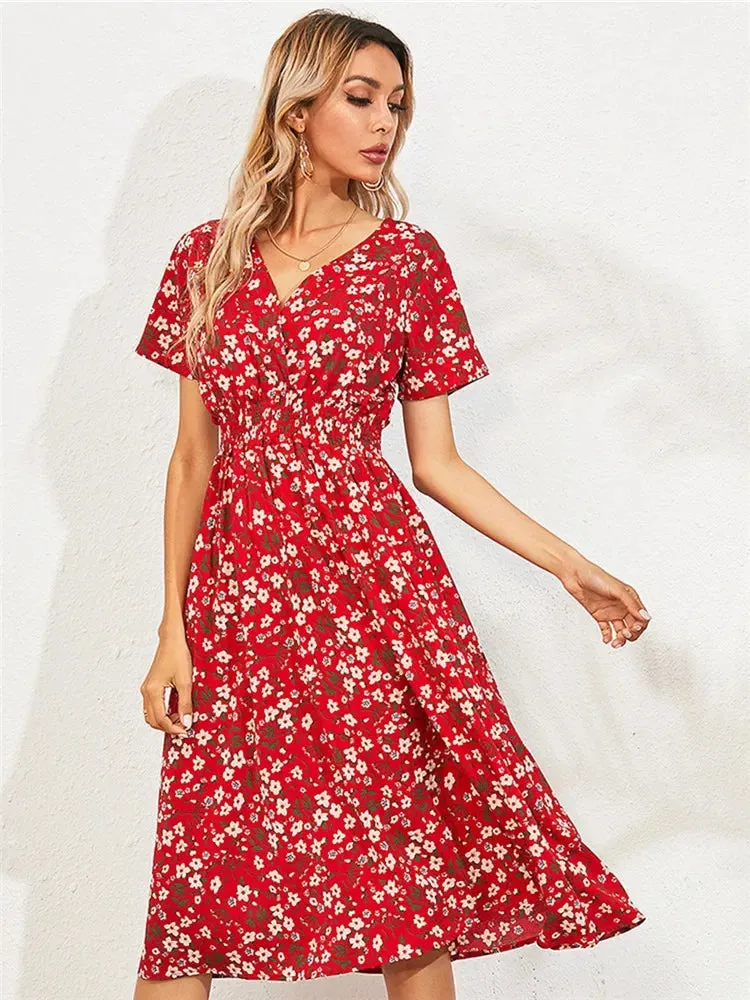 Floral Summer Long Sleeve Chic Holiday Midi Dress