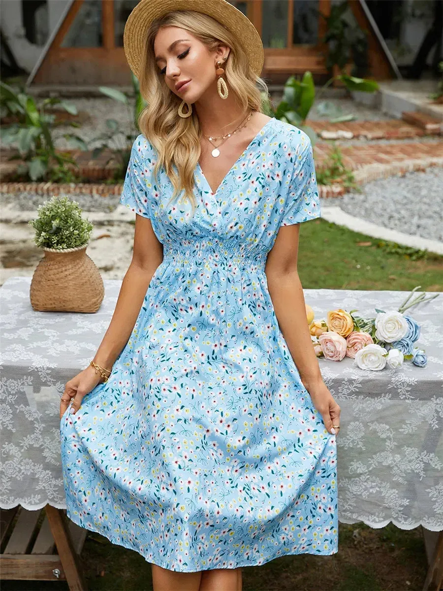 Floral Summer Long Sleeve Chic Holiday Midi Dress