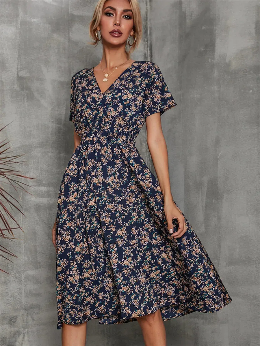 Floral Summer Long Sleeve Chic Holiday Midi Dress