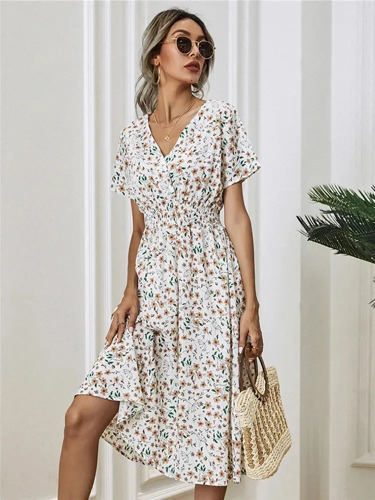 Floral Summer Long Sleeve Chic Holiday Midi Dress