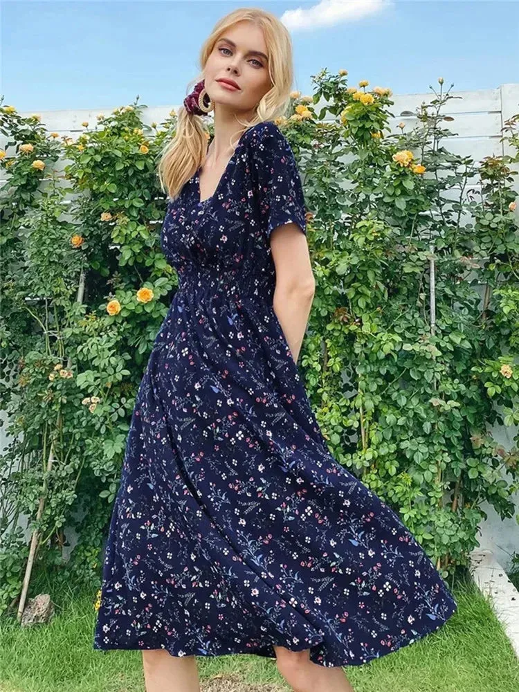 Floral Summer Long Sleeve Chic Holiday Midi Dress