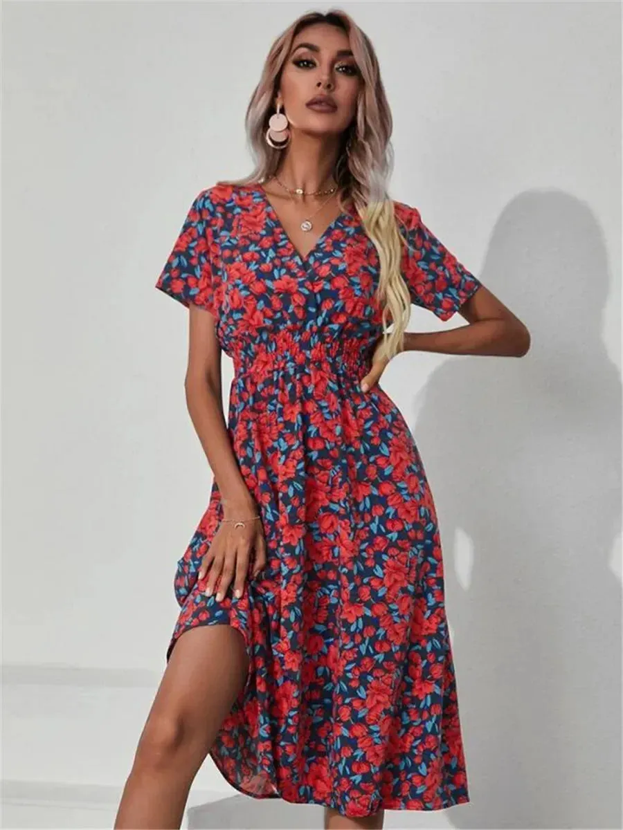 Floral Summer Long Sleeve Chic Holiday Midi Dress