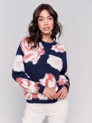 Fuzzy Floral Jacquard Knit Sweater - Navy