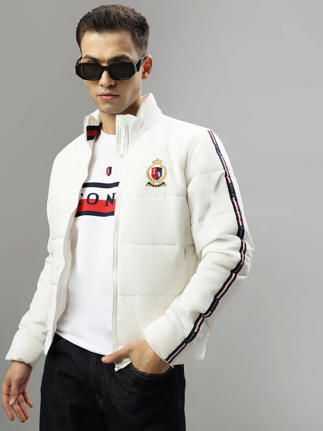 Iconic Men White Solid Stand Collar Long Sleeves Puffer Jacket