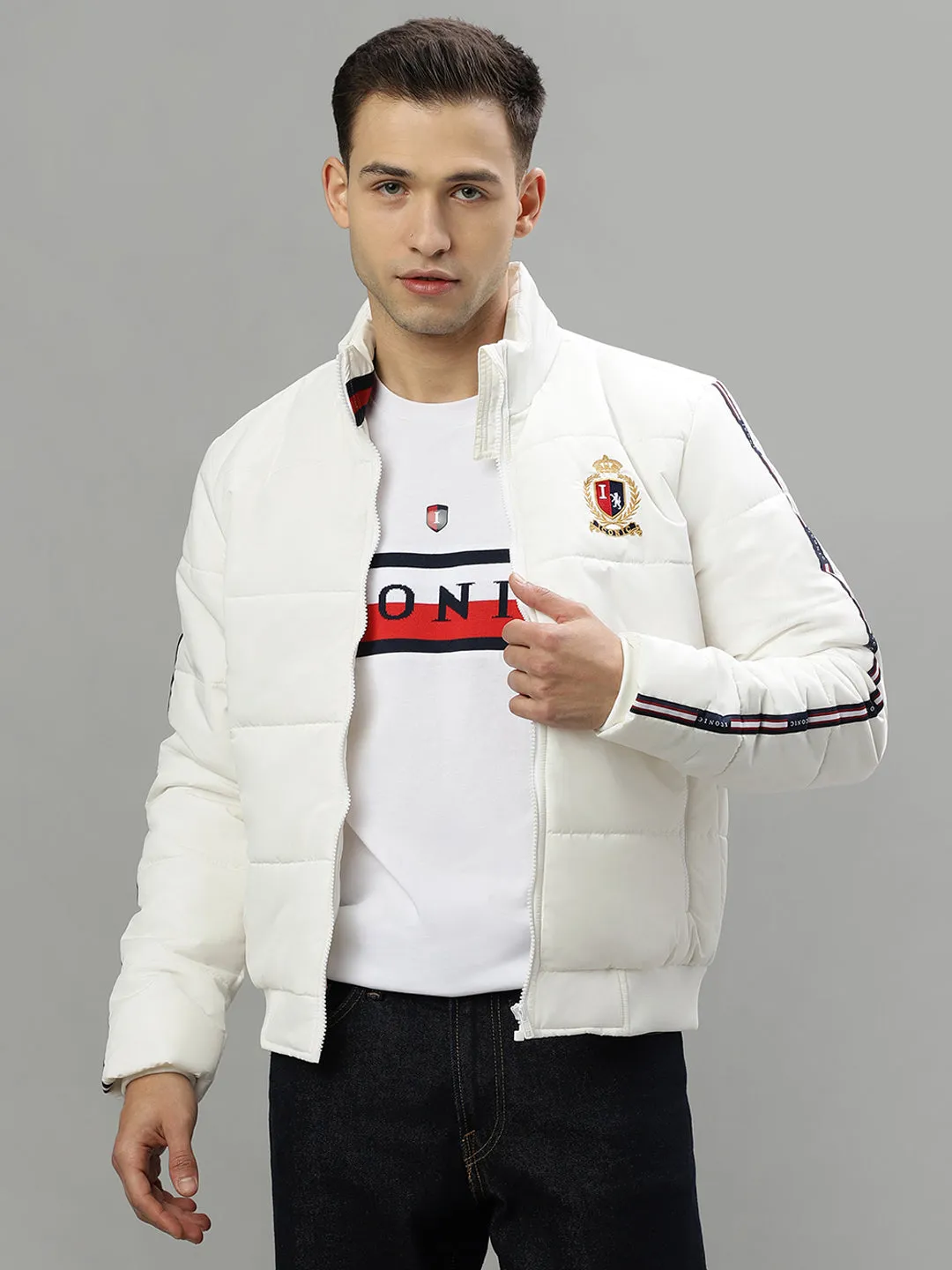 Iconic Men White Solid Stand Collar Long Sleeves Puffer Jacket