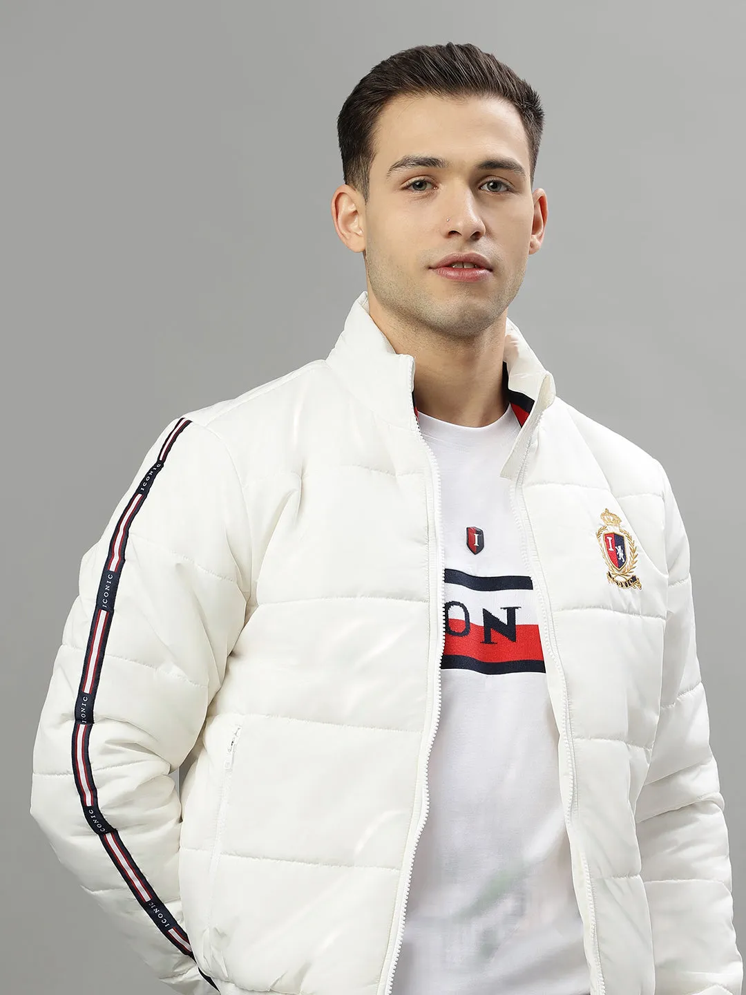 Iconic Men White Solid Stand Collar Long Sleeves Puffer Jacket