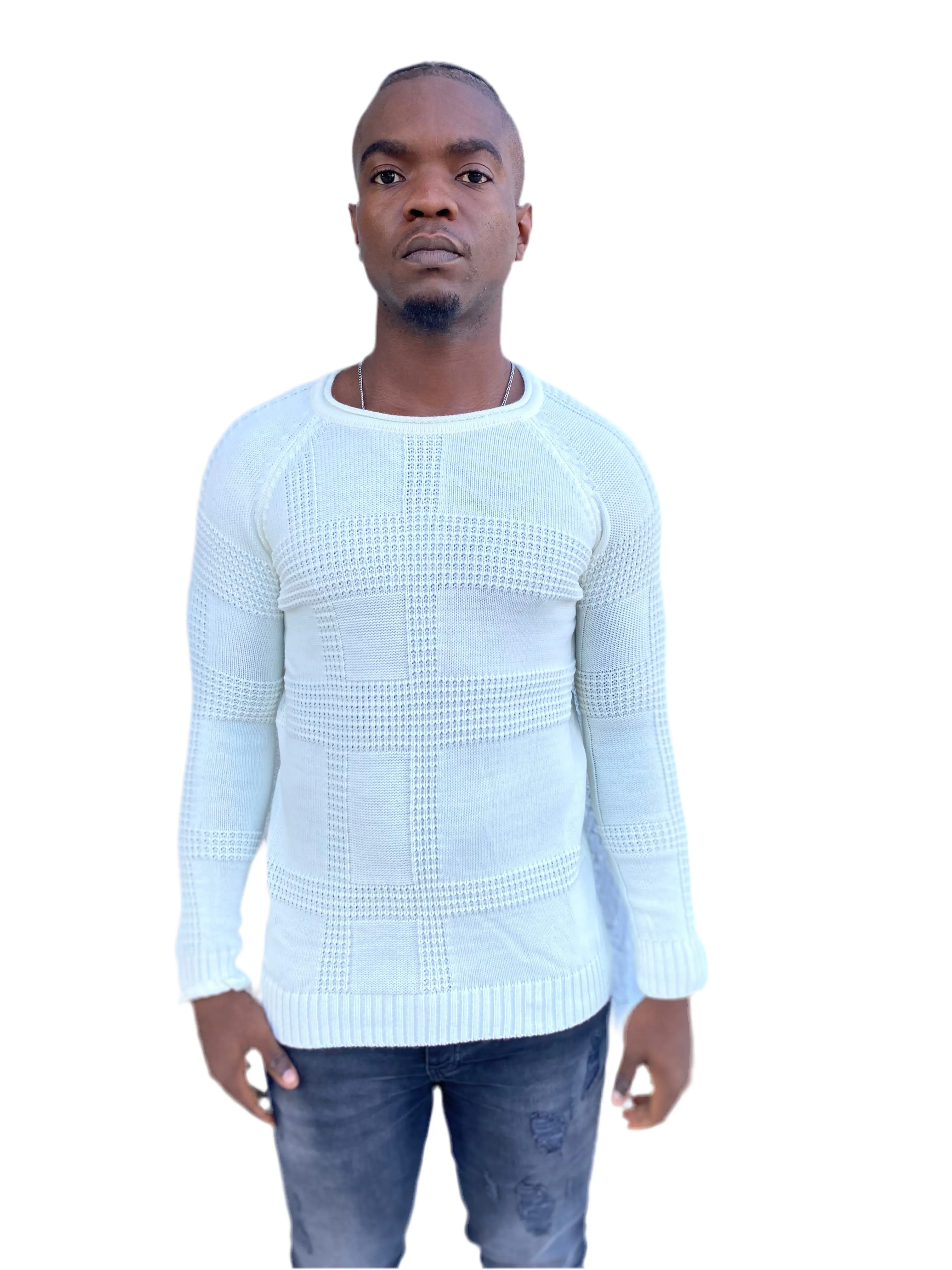 [Josie] White Light Weight Knitted Crew Neck With Pattern