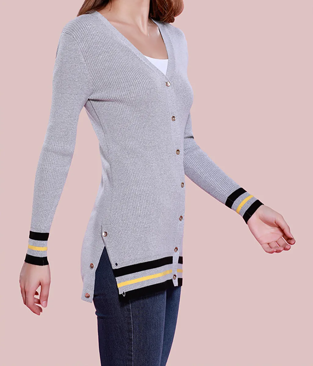 Knit Cardigan with Striped Trim